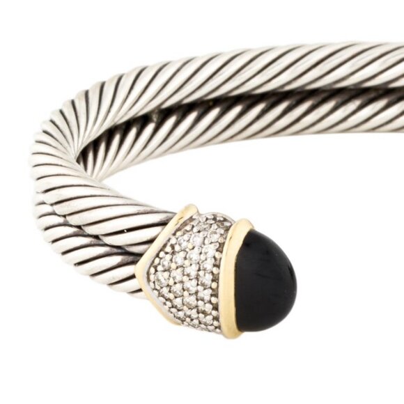 DAVID YURMAN STERLING SILVER & 18K YG ONYX & DIAMOND CAPRI CUFF BRACELET - Picture 3 of 10
